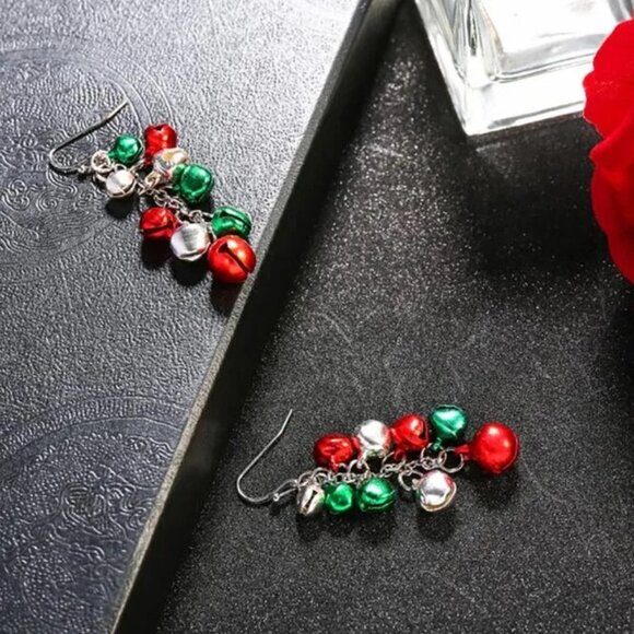 Christmas Jingle Bells Dangle Earrings, Make Noise - Green, Red, Silver Bells - Picture 6 of 9